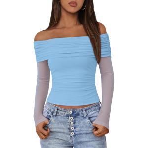 BTFBM Women’s Long Sleeve Shirts 2025 Fall Crop Going Out Tops Mesh Ruched Casual Off Shoulder Blouses Y2K Clothes(Light Blue)