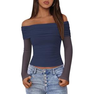 BTFBM Women’s Long Sleeve Shirts 2025 Fall Crop Going Out Tops Mesh Ruched Casual Off Shoulder Blouses Y2K Clothes(Navy)