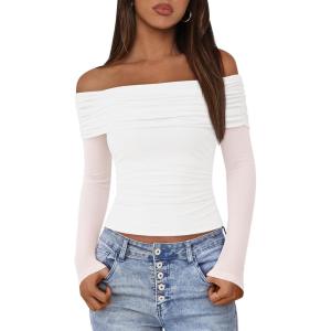 BTFBM Women’s Long Sleeve Shirts 2025 Fall Crop Going Out Tops Mesh Ruched Casual Off Shoulder Blouses Y2K Clothes(White)