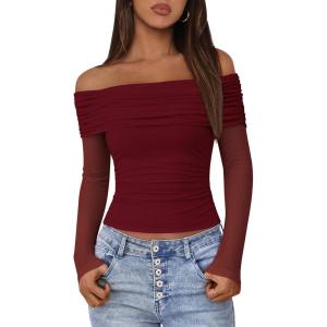 BTFBM Women’s Long Sleeve Shirts 2025 Fall Crop Going Out Tops Mesh Ruched Casual Off Shoulder Blouses Y2K Clothes(Wine Red)