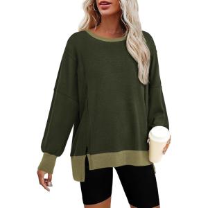 BTFBM Women’s Oversized Sweatshirts Casual Long Sleeve Crewneck Side Slit Knit Tops 2024 Fall Loose Pullover Sweatshirt(Army Green)
