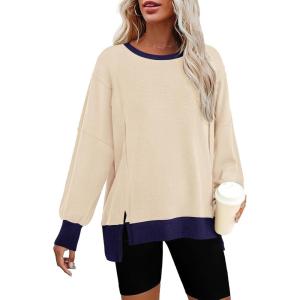 BTFBM Women’s Oversized Sweatshirts Casual Long Sleeve Crewneck Side Slit Knit Tops 2024 Fall Loose Pullover Sweatshirt(Beige)