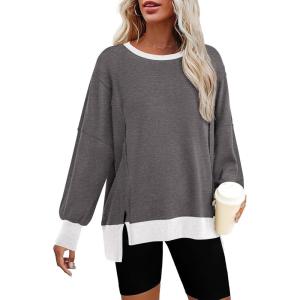 BTFBM Women’s Oversized Sweatshirts Casual Long Sleeve Crewneck Side Slit Knit Tops 2024 Fall Loose Pullover Sweatshirt(Grey)