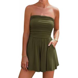 BTFBM Womens Romper 2026 Spring Summer Strapless Tube Tops Beach Vacation Clothes Boho Loose Shorts Jumpsuits Pockets(Army Green)