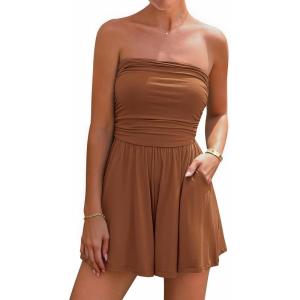 BTFBM Womens Romper 2026 Spring Summer Strapless Tube Tops Beach Vacation Clothes Boho Loose Shorts Jumpsuits Pockets(Caramel)