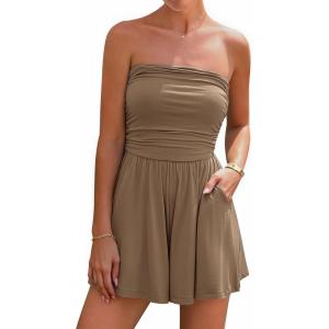 BTFBM Womens Romper 2026 Spring Summer Strapless Tube Tops Beach Vacation Clothes Boho Loose Shorts Jumpsuits Pockets(Light Brown)