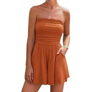 BTFBM Womens Romper 2026 Spring Summer Strapless Tube Tops Beach Vacation Clothes Boho Loose Shorts Jumpsuits Pockets(Orange)