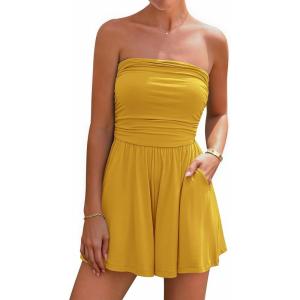 BTFBM Womens Romper 2026 Spring Summer Strapless Tube Tops Beach Vacation Clothes Boho Loose Shorts Jumpsuits Pockets(Yellow)