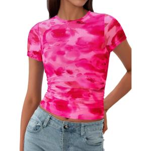 BTFBM Womens Sheer Mesh Summer Tops 2025 Crewneck Short Sleeve Print Ruched Crop Top Slim Fit Club Going Out T Shirts(Floral Rose Pink)