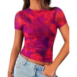 BTFBM Womens Sheer Mesh Summer Tops 2025 Crewneck Short Sleeve Print Ruched Crop Top Slim Fit Club Going Out T Shirts(Floral Rust Red)