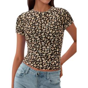 BTFBM Womens Sheer Mesh Summer Tops 2025 Crewneck Short Sleeve Print Ruched Crop Top Slim Fit Club Going Out T Shirts(Leopard)