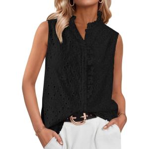 BTFBM Womens Sleeveless Button Down Shirts Ruffle V Neck Casual Hollow Out Eyelet Tops Boho Spring Vacation Blouse 2026(Black)