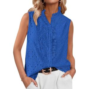 BTFBM Womens Sleeveless Button Down Shirts Ruffle V Neck Casual Hollow Out Eyelet Tops Boho Spring Vacation Blouse 2026(Blue)