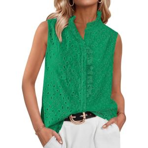 BTFBM Womens Sleeveless Button Down Shirts Ruffle V Neck Casual Hollow Out Eyelet Tops Boho Spring Vacation Blouse 2026(Green)