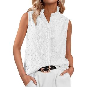 BTFBM Womens Sleeveless Button Down Shirts Ruffle V Neck Casual Hollow Out Eyelet Tops Boho Spring Vacation Blouse 2026(White)