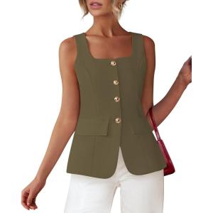 BTFBM Womens Sleeveless Suit Vests Dressy Casual Square Neck Business Work Waistcoat Spring Button Blazer Vest Tops 2026(Army Green)
