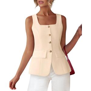 BTFBM Womens Sleeveless Suit Vests Dressy Casual Square Neck Business Work Waistcoat Spring Button Blazer Vest Tops 2026(Light Khaki)
