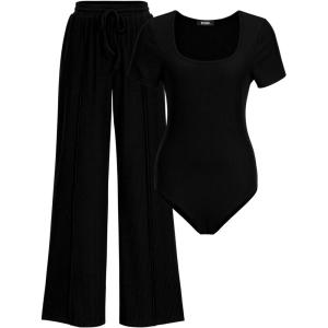 BTFBM Womens Spring 2 Piece Outfits 2026 Square Neck Short Sleeve Bodysuit Drawstring Pants Knit Lounge Matching Sets(Black)