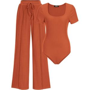 BTFBM Womens Spring 2 Piece Outfits 2026 Square Neck Short Sleeve Bodysuit Drawstring Pants Knit Lounge Matching Sets(Orange)
