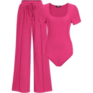 BTFBM Womens Spring 2 Piece Outfits 2026 Square Neck Short Sleeve Bodysuit Drawstring Pants Knit Lounge Matching Sets(Rose Red)