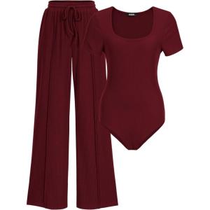 BTFBM Womens Spring 2 Piece Outfits 2026 Square Neck Short Sleeve Bodysuit Drawstring Pants Knit Lounge Matching Sets(Wine Red)