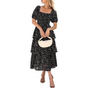 BTFBM Womens Square Neck Smocked Dress Summer Puff Short Sleeve Floral Casual Ruffle Tiered Maxi Wedding Guest Dresses(Dot Black Multicolor)