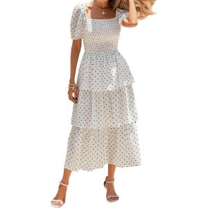 BTFBM Womens Square Neck Smocked Dress Summer Puff Short Sleeve Floral Casual Ruffle Tiered Maxi Wedding Guest Dresses(Dot White Black)