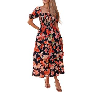 BTFBM Womens Square Neck Smocked Dress Summer Puff Short Sleeve Floral Casual Ruffle Tiered Maxi Wedding Guest Dresses(Floral Black Orange)