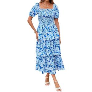 BTFBM Womens Square Neck Smocked Dress Summer Puff Short Sleeve Floral Casual Ruffle Tiered Maxi Wedding Guest Dresses(Floral Blue)