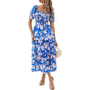 BTFBM Womens Square Neck Smocked Dress Summer Puff Short Sleeve Floral Casual Ruffle Tiered Maxi Wedding Guest Dresses(Floral Blue White)