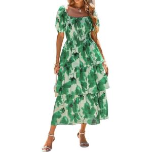 BTFBM Womens Square Neck Smocked Dress Summer Puff Short Sleeve Floral Casual Ruffle Tiered Maxi Wedding Guest Dresses(Floral Green)