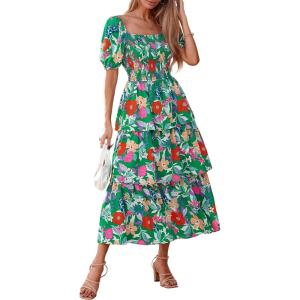 BTFBM Womens Square Neck Smocked Dress Summer Puff Short Sleeve Floral Casual Ruffle Tiered Maxi Wedding Guest Dresses(Floral Green Orange)