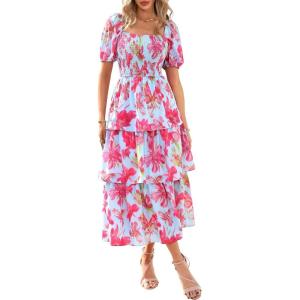 BTFBM Womens Square Neck Smocked Dress Summer Puff Short Sleeve Floral Casual Ruffle Tiered Maxi Wedding Guest Dresses(Floral Light Blue Pink)