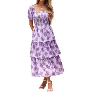 BTFBM Womens Square Neck Smocked Dress Summer Puff Short Sleeve Floral Casual Ruffle Tiered Maxi Wedding Guest Dresses(Floral Purple)
