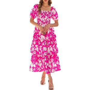 BTFBM Womens Square Neck Smocked Dress Summer Puff Short Sleeve Floral Casual Ruffle Tiered Maxi Wedding Guest Dresses(Floral Rose Red White)