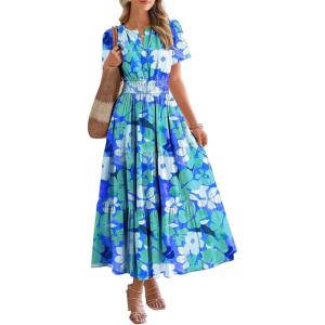 BTFBM Womens Summer Floral Maxi Dresses V Neck Short Sleeve Boho Casual Flowy Long Wedding Guest Dress Beach Vacation(Floral Blue Green)