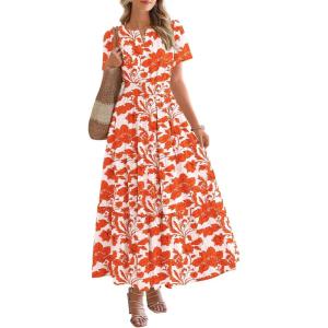 BTFBM Womens Summer Floral Maxi Dresses V Neck Short Sleeve Boho Casual Flowy Long Wedding Guest Dress Beach Vacation(Floral Brick Red)
