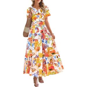 BTFBM Womens Summer Floral Maxi Dresses V Neck Short Sleeve Boho Casual Flowy Long Wedding Guest Dress Beach Vacation(Floral Multicolored)