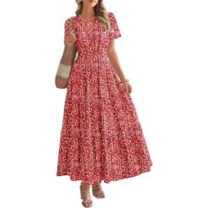 BTFBM Womens Summer Floral Maxi Dresses V Neck Short Sleeve Boho Casual Flowy Long Wedding Guest Dress Beach Vacation(Floral Orange Red)