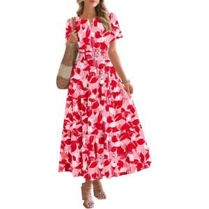 BTFBM Womens Summer Floral Maxi Dresses V Neck Short Sleeve Boho Casual Flowy Long Wedding Guest Dress Beach Vacation(Floral Red)