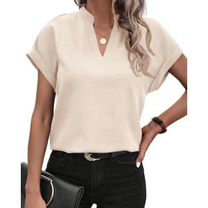 BTFBM Womens Summer Tops 2025 V Neck Short Sleeve Tshirt Loose Flowy Tunics Solid Color Dressy Casual Blouse Shirts(Beige)