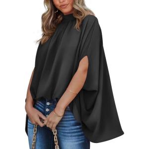 BTFBM Womens Summer Tops 2026 Mock Neck Batwing Sleeve Shirts Loose High Low Hem Oversized Dressy Casual Spring Blouses(Black)