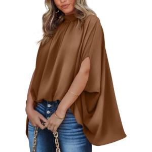 BTFBM Womens Summer Tops 2026 Mock Neck Batwing Sleeve Shirts Loose High Low Hem Oversized Dressy Casual Spring Blouses(Brown)