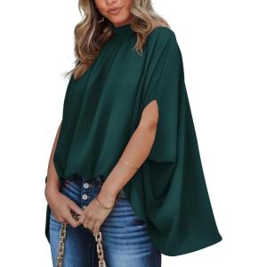 BTFBM Womens Summer Tops 2026 Mock Neck Batwing Sleeve Shirts Loose High Low Hem Oversized Dressy Casual Spring Blouses(Dark Green)