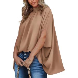 BTFBM Womens Summer Tops 2026 Mock Neck Batwing Sleeve Shirts Loose High Low Hem Oversized Dressy Casual Spring Blouses(Khaki)