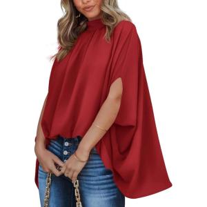 BTFBM Womens Summer Tops 2026 Mock Neck Batwing Sleeve Shirts Loose High Low Hem Oversized Dressy Casual Spring Blouses(Red)