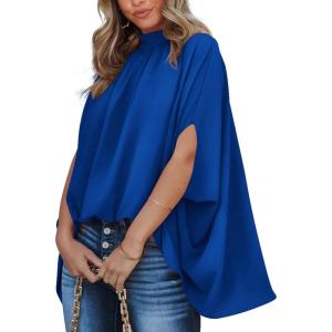 BTFBM Womens Summer Tops 2026 Mock Neck Batwing Sleeve Shirts Loose High Low Hem Oversized Dressy Casual Spring Blouses(Royal Blue)