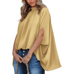 BTFBM Womens Summer Tops 2026 Mock Neck Batwing Sleeve Shirts Loose High Low Hem Oversized Dressy Casual Spring Blouses(Yellow)