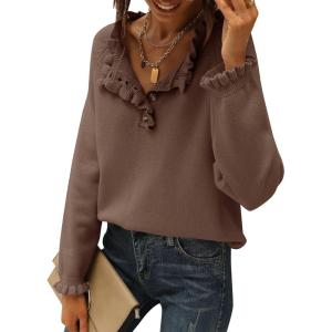 BTFBM Womens Sweaters Fall Winter Clothes 2025 Long Sleeve Button Down Ruffle Crew Neck Casual Knitted Pullover Tops(Brown Camel)