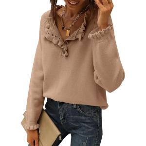 BTFBM Womens Sweaters Fall Winter Clothes 2025 Long Sleeve Button Down Ruffle Crew Neck Casual Knitted Pullover Tops(Khaki)